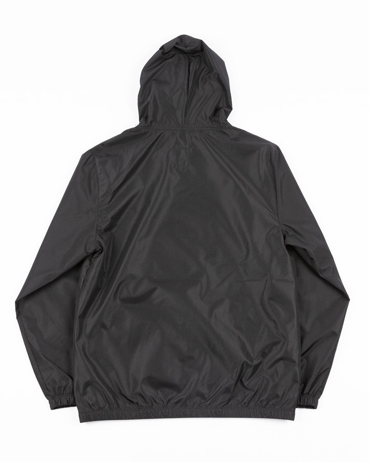 black Mitchell &amp; Ness windbreaker jacket hoodie with Chicago Blackhawks primary logo embroidered on left chest  back lay flat
