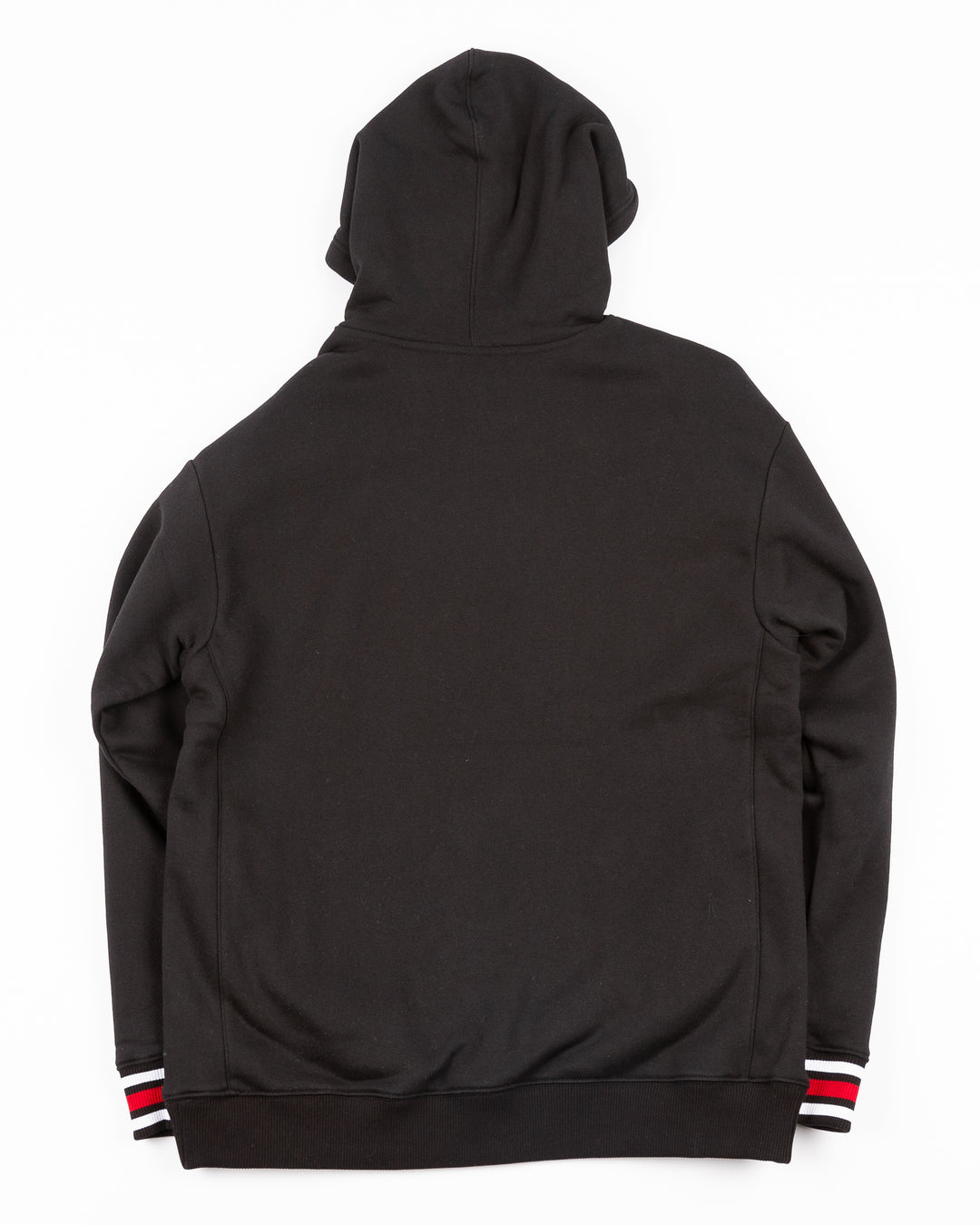 black Mitchell &amp; Ness hoodie with chainstitch Chicago Blackhawks primary logo on front and ribbed cuffs - back lay flat