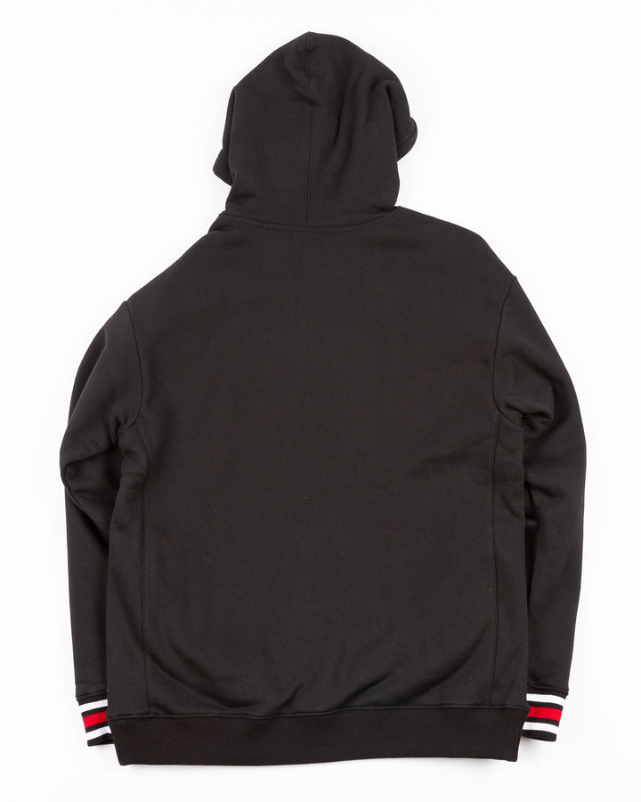 black Mitchell &amp; Ness hoodie with chainstitch Chicago Blackhawks primary logo on front and ribbed cuffs - back lay flat