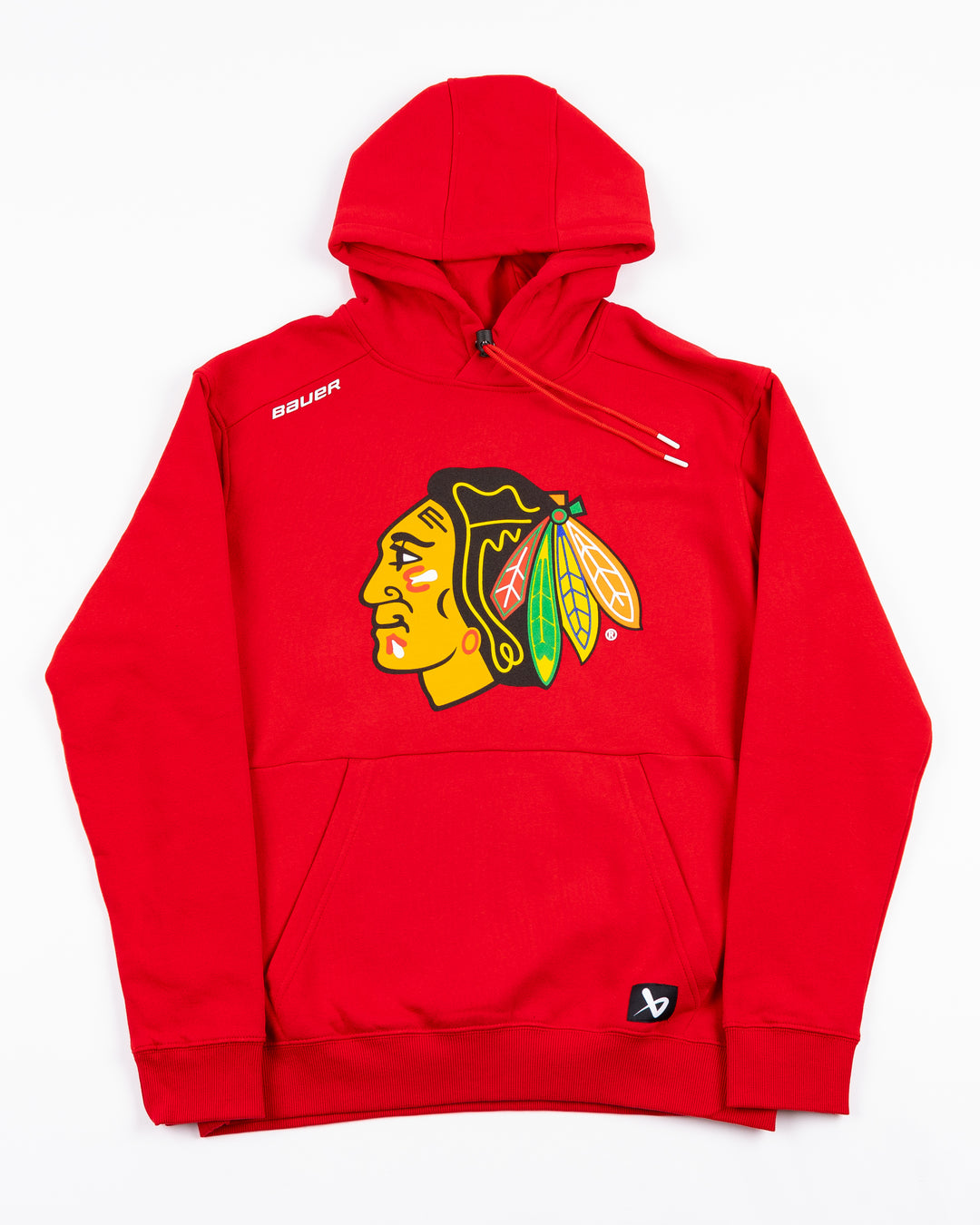 red Bauer hoodie with Chicago Blackhawks primary logo on front - front lay flat