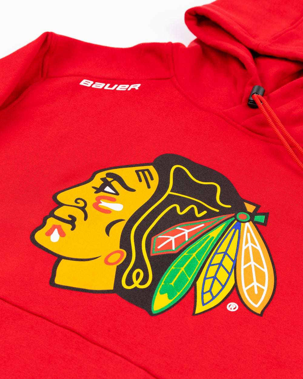 red Bauer hoodie with Chicago Blackhawks primary logo on front - front detail lay flat