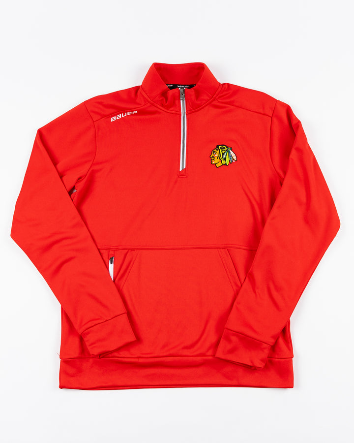 red Bauer half zip with Chicago Blackhawks primary logo embroidered on left chest - front lay flat