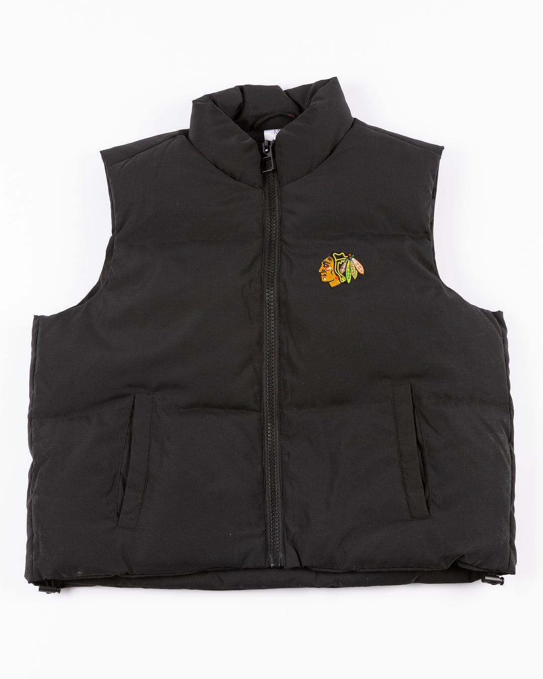 black Zoozatz puffer vest with embroidered Chicago Blackhawks primary logo on left chest - front lay flat