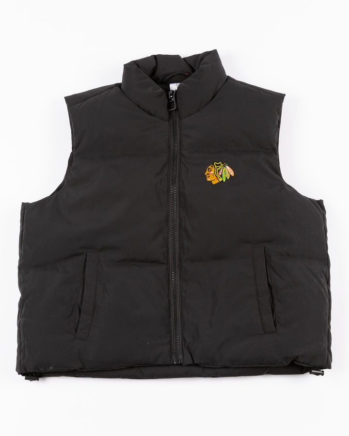black Zoozatz puffer vest with embroidered Chicago Blackhawks primary logo on left chest - front lay flat