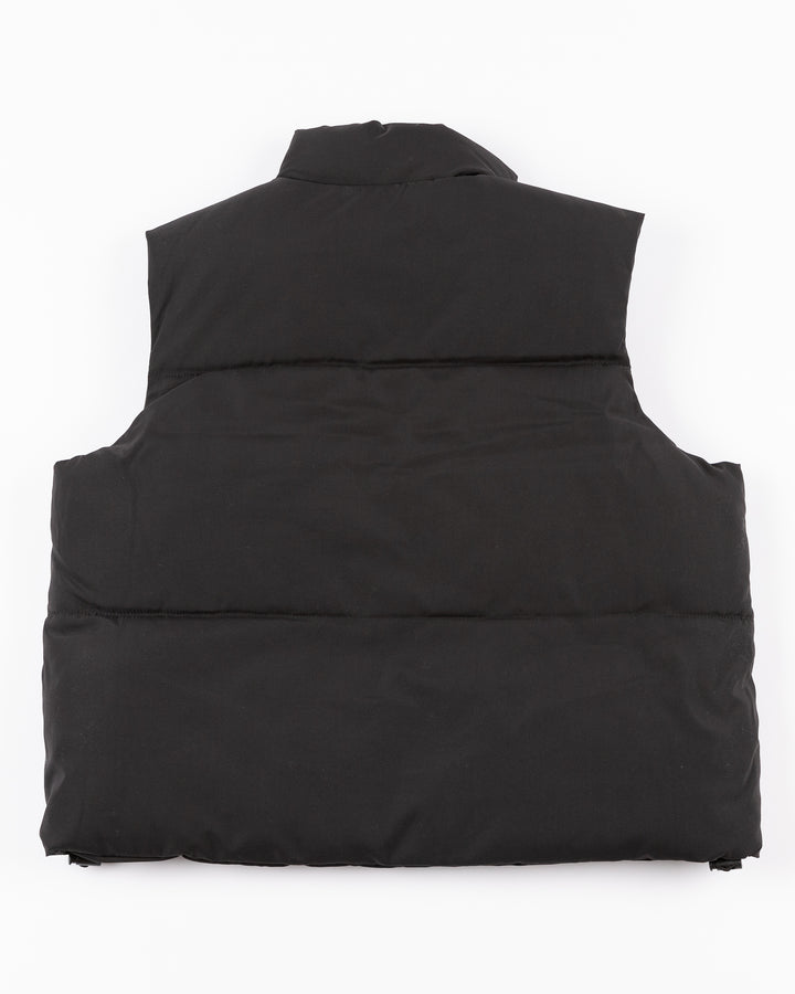 black Zoozatz puffer vest with embroidered Chicago Blackhawks primary logo on left chest - back lay flat