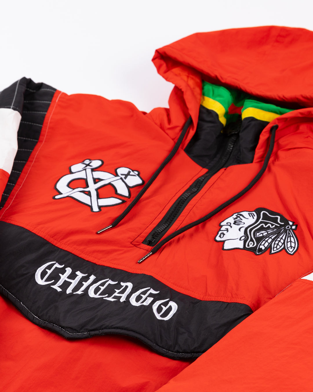 red VGHC anorak half zip pullover hoodie with Chicago Blackhawks primary and secondary logos on front and primary logo graphic on back - front detail lay flat