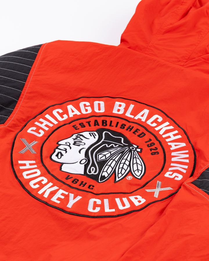 red VGHC anorak half zip pullover hoodie with Chicago Blackhawks primary and secondary logos on front and primary logo graphic on back - back detail lay flat