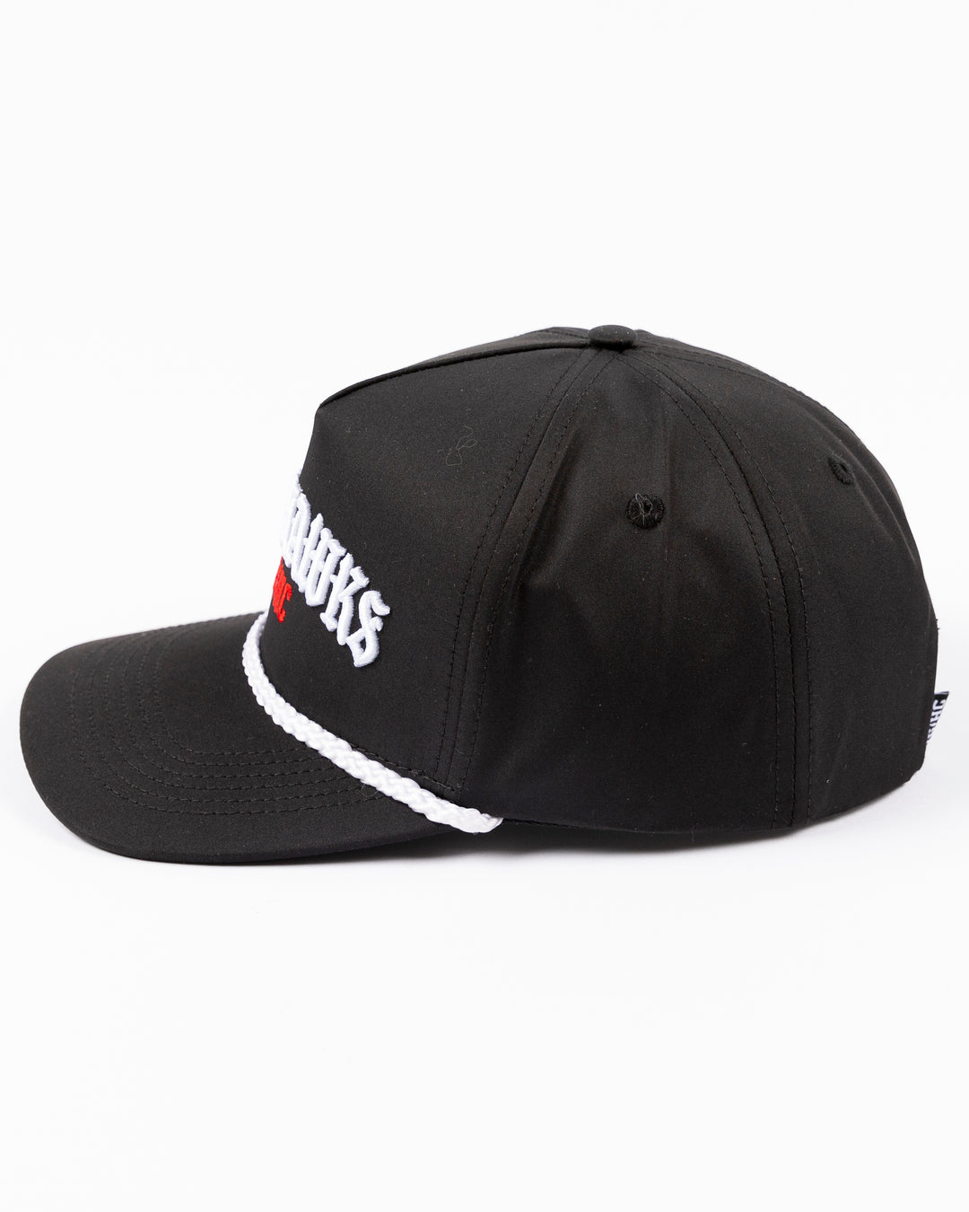 black VGHC rope snapback hat with Chicago Blackhawks wordmark and VGHC wordmark embroidered on front - right side lay flat