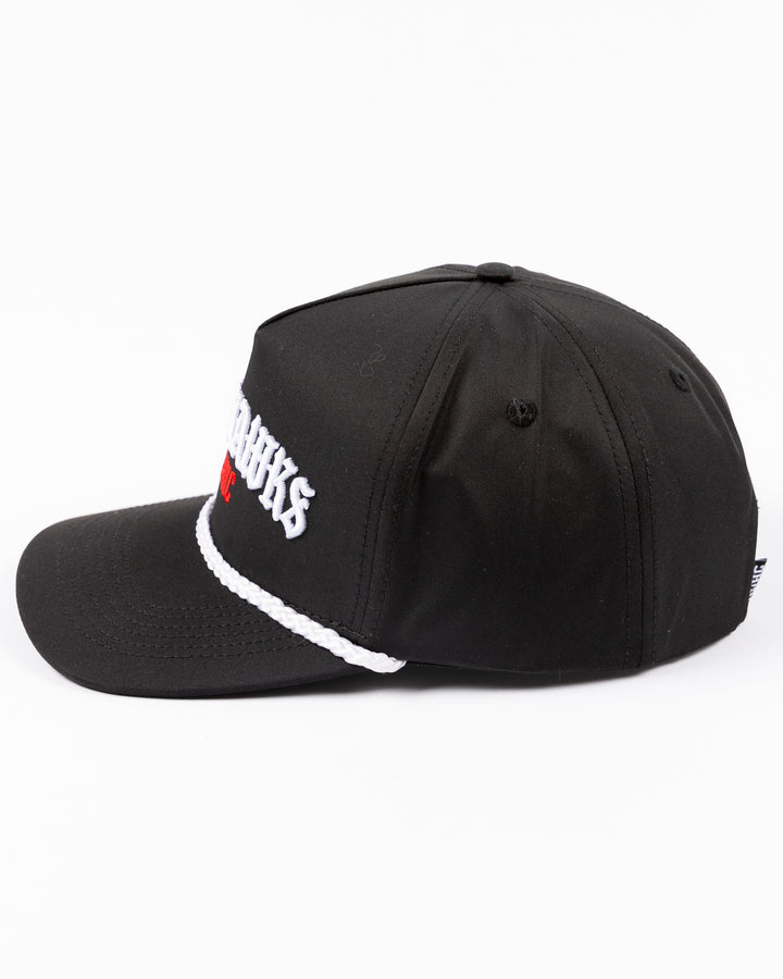 black VGHC rope snapback hat with Chicago Blackhawks wordmark and VGHC wordmark embroidered on front - right side lay flat
