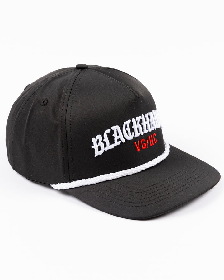 black VGHC rope snapback hat with Chicago Blackhawks wordmark and VGHC wordmark embroidered on front - left angle lay flat
