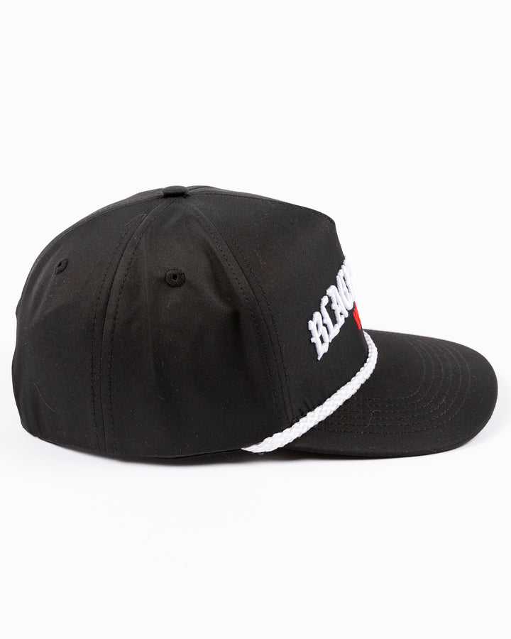 black VGHC rope snapback hat with Chicago Blackhawks wordmark and VGHC wordmark embroidered on front - left side lay flat
