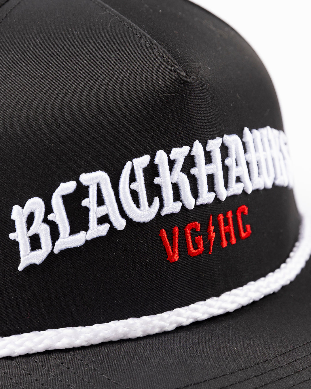 black VGHC rope snapback hat with Chicago Blackhawks wordmark and VGHC wordmark embroidered on front - front detail lay flat