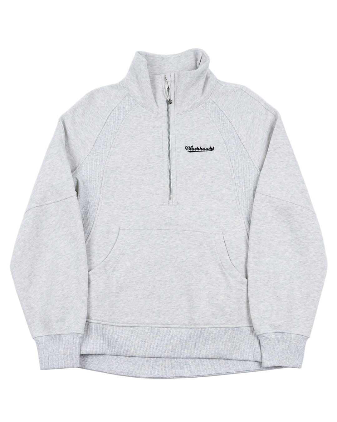 heather light grey lululemon half zip sweater with Chicago Blackhawks script wordmark embroidered on left chest - front lay flat