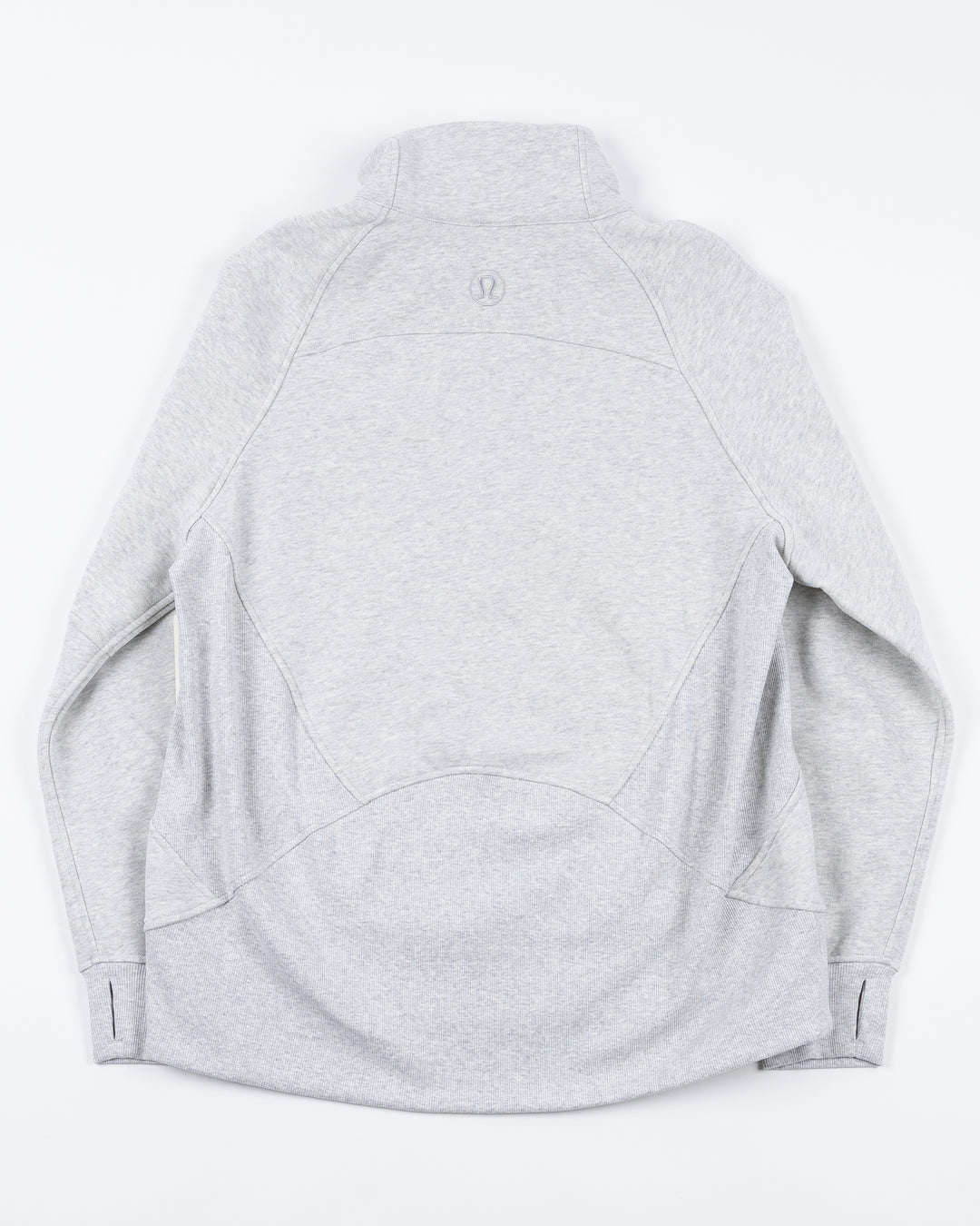 heather light grey lululemon half zip sweater with Chicago Blackhawks script wordmark embroidered on left chest - back lay flat