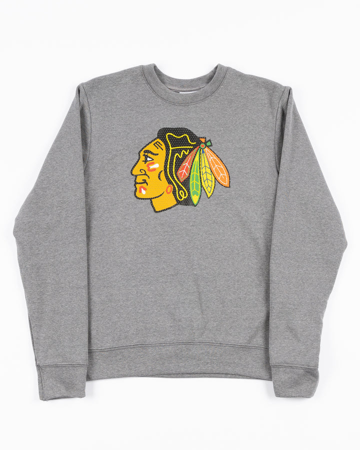 toddler grey crewneck pullover sweater with Chicago Blackhawks primary logo on front - front lay flat