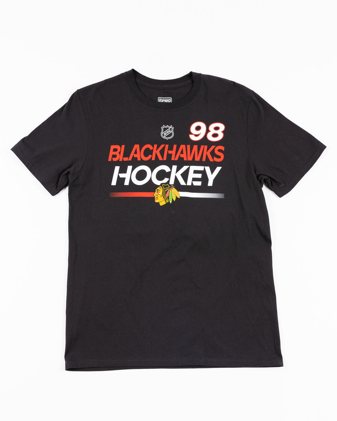 black Fanatics short sleeve Authentic Pro tee with Blackhawks Hockey wordmark and primary logo on front and Bedard name and number on back - front lay flat