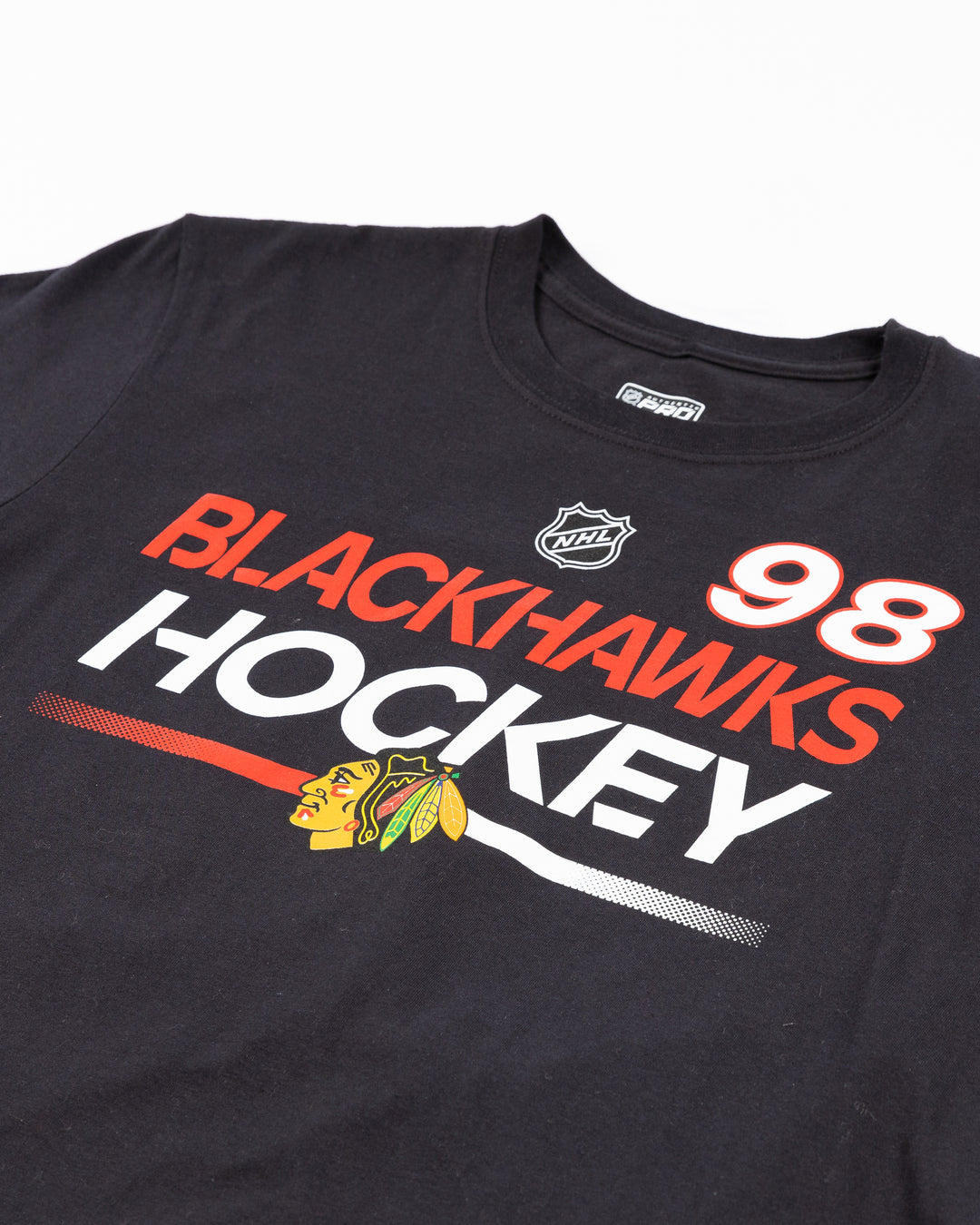 black Fanatics short sleeve Authentic Pro tee with Blackhawks Hockey wordmark and primary logo on front and Bedard name and number on back - front detail lay flat
