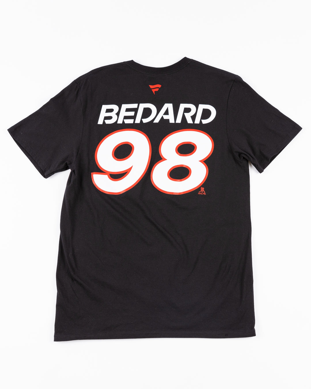 black Fanatics short sleeve Authentic Pro tee with Blackhawks Hockey wordmark and primary logo on front and Bedard name and number on back - back lay flat