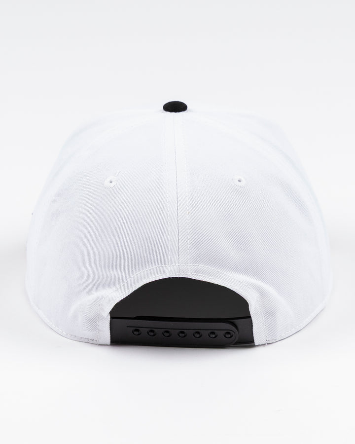 American Needle white rope snapback hat with Chicago Blackhawks wordmark on the front and primary logo on left side - back lay flat
