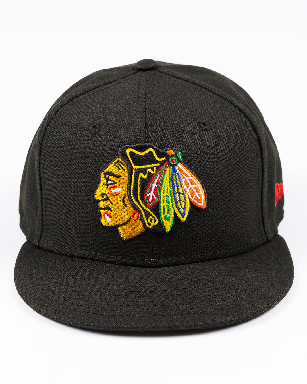 black New Era fitted 59FIFTY hat with embroidered Chicago Blackhawks primary logo on front and secondary logo on back - front lay flat