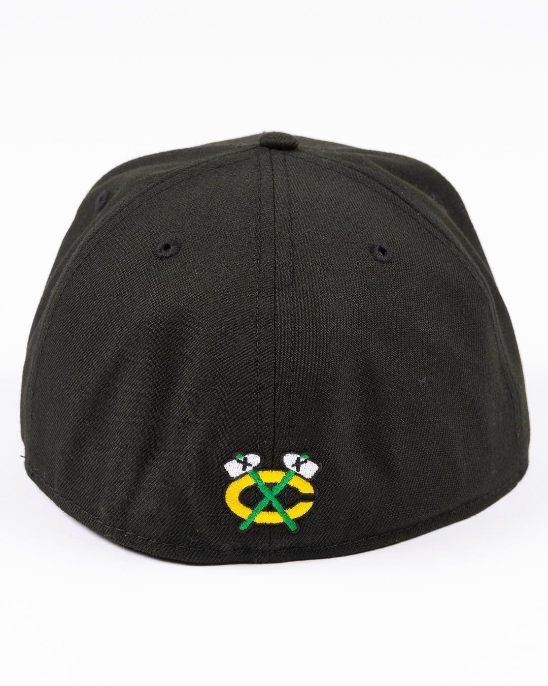 black New Era fitted 59FIFTY hat with embroidered Chicago Blackhawks primary logo on front and secondary logo on back - back lay flat