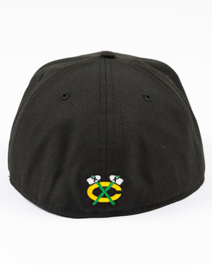 black New Era fitted 59FIFTY hat with embroidered Chicago Blackhawks primary logo on front and secondary logo on back - back lay flat