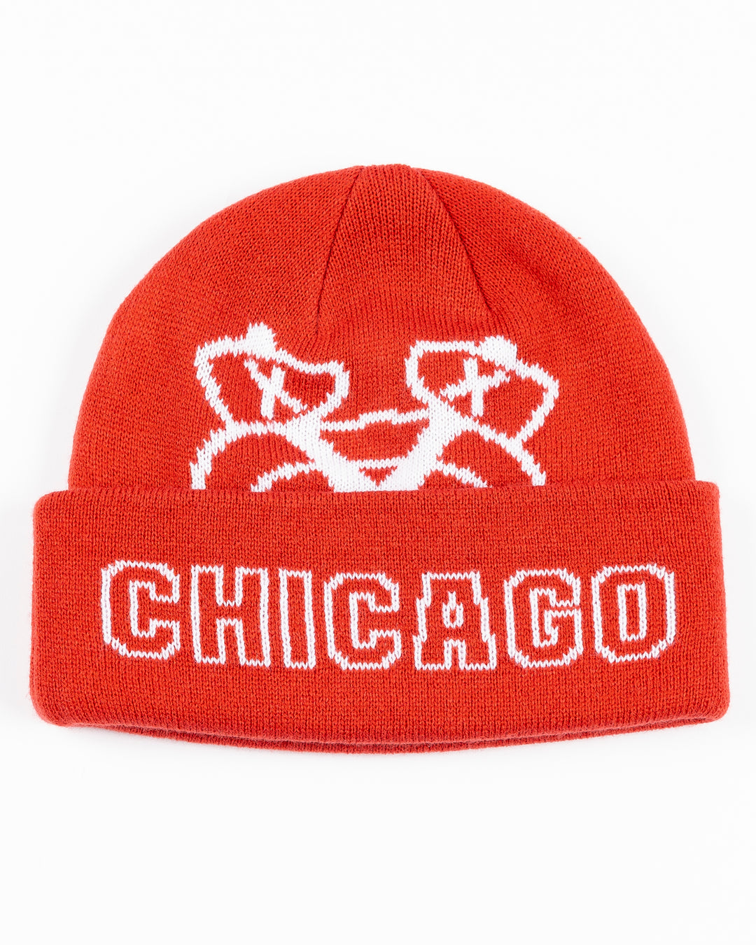 red Mitchell & Ness knit beanie with Chicago Blackhawks secondary logo on front and Chicago wordmark - front lay flat