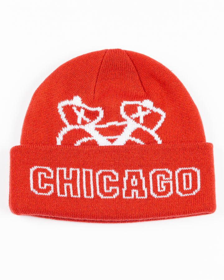 red Mitchell &amp; Ness knit beanie with Chicago Blackhawks secondary logo on front and Chicago wordmark - front lay flat