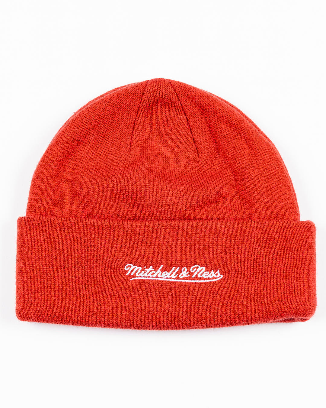 red Mitchell &amp; Ness knit beanie with Chicago Blackhawks secondary logo on front and Chicago wordmark - back lay flat