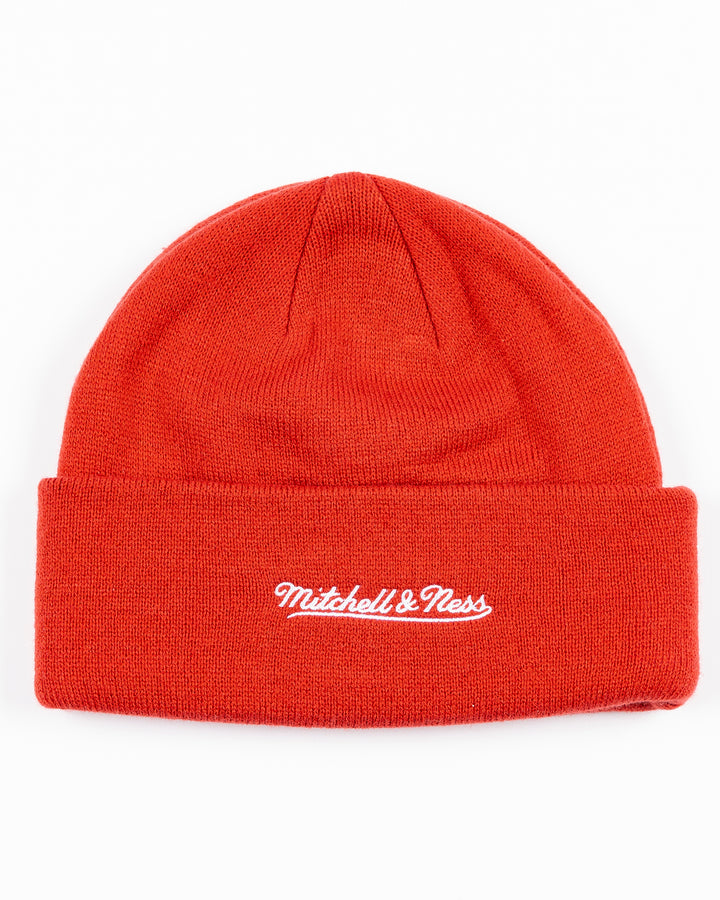 red Mitchell &amp; Ness knit beanie with Chicago Blackhawks secondary logo on front and Chicago wordmark - back lay flat