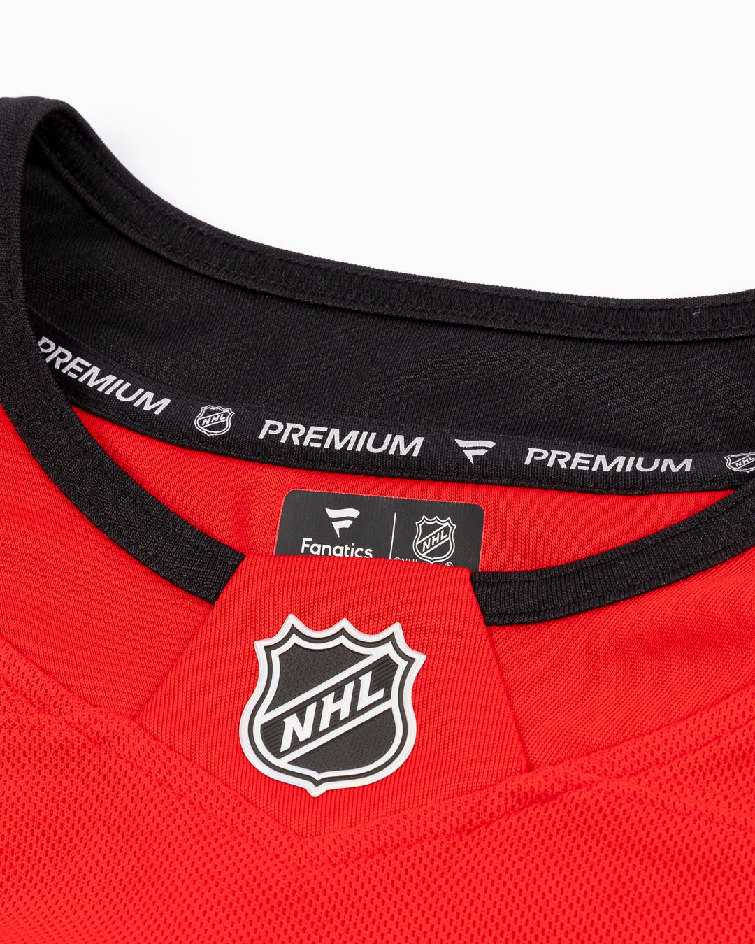 premium Fanatcs home Chicago Blackhawks jersey with Ethan Del Mastro name and number - neckline detail lay flat
